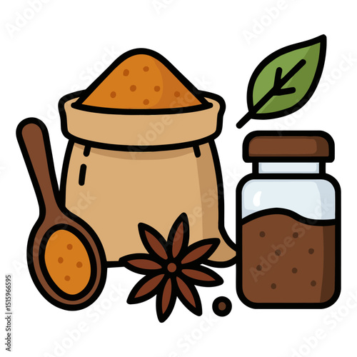 Sack of spices with jars and spoon vector illustration.