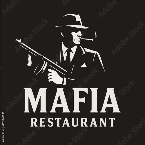 Mafia restaurant logo with gangster holding a machine gun.