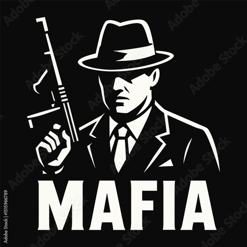 Mafia logo with gangster in suit holding machine gun.