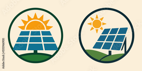 Solar panel logos with sun icons and green energy theme.