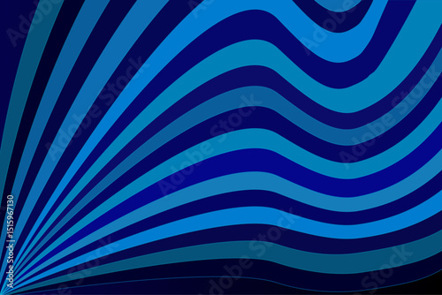 Abstract design featuring wavy stripes in varying shades of blue, ranging from light to dark. The stripes radiate from a focal point in the lower left corner, creating a dynamic, fan-like pattern.