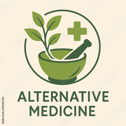 Green herbal bowl and cross icon for alternative medicine.