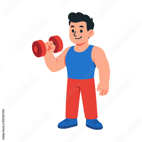 Cartoon fitness man lifting dumbbell in sportswear.