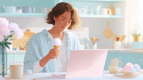 Young woman enjoys ice cream while working on laptop in bright kitchen during sunny afternoon
