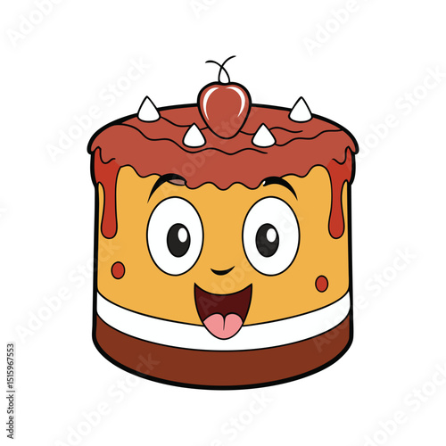 Adorable smiling cartoon cake character with cherry on top and excited expression