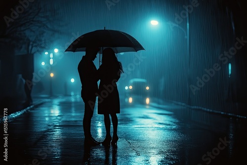 Couple under umbrella in rain at night