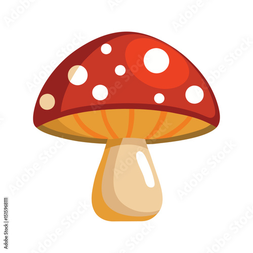 Cartoon illustration of a vibrant red mushroom with white spots isolated on white background
