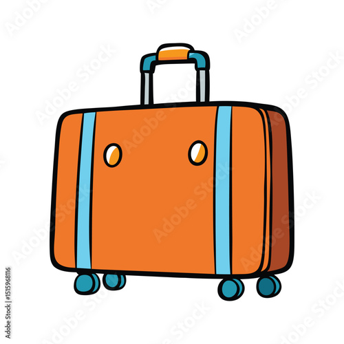 Cartoon illustration of an orange suitcase with blue accents and rolling wheels ready for travel