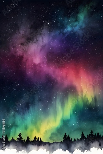 A colorful aurora borealis in the northern sky in watercolor style