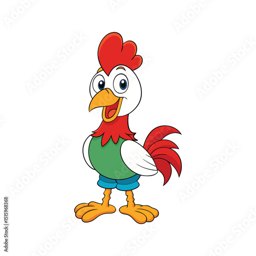 Cheerful cartoon rooster character with red comb and tail standing upright on a white background.