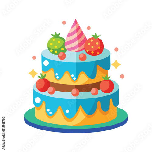 Colorful two tier birthday cake decorated with fruits and party hat vector illustration