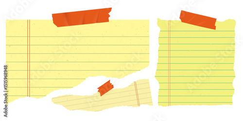 Yellow torn notebook paper collage with lined sheets and scotch tape. School and office stationery set for digital design or banner.