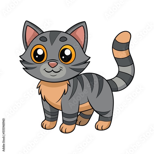 Cute cartoon illustration of a happy gray tabby cat with large orange eyes and smiling expression.