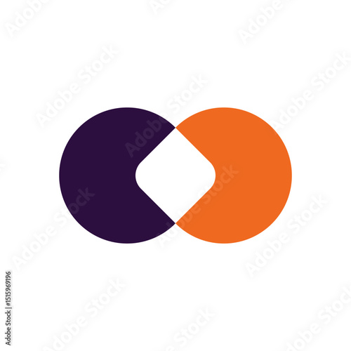 two overlapping semi-circles, in dark purple and orange, creating a central diamond shape through negative space. It suggests connection, duality, or a dynamic interplay between two entities