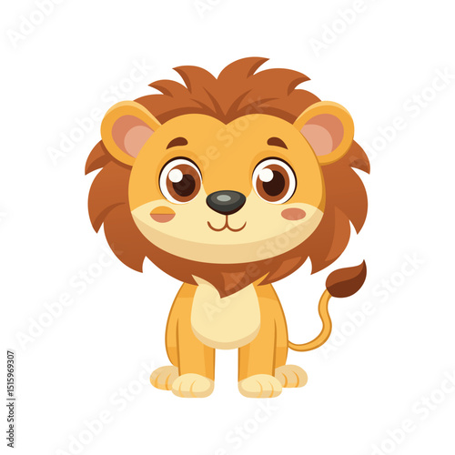 Cute cartoon lion character smiling looking directly forward on white background