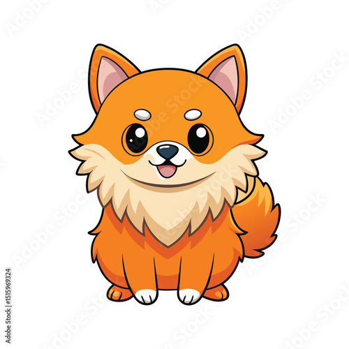 Cute cartoon orange pomeranian dog character smiling happily isolated on white background