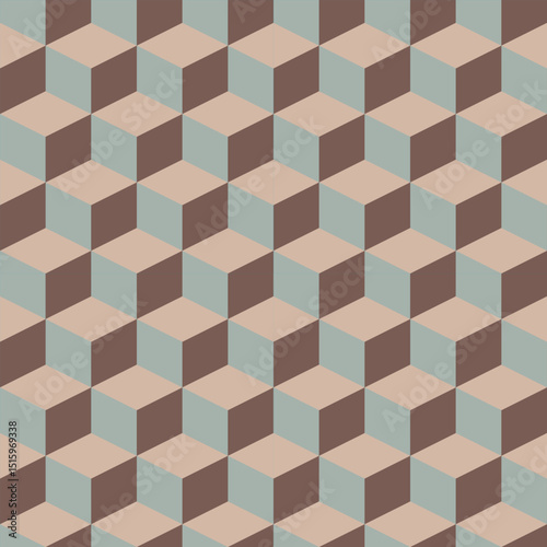 Geometric isometric cubes, vintage colors, used for vintage packaging, sofa pattern, wallpaper, tile floor, cushion pattern, cover, curtain, website background.