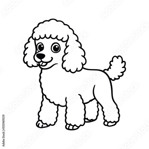 Cute cartoon poodle dog in black and white simple line art isolated on white background