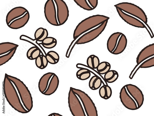 Coffee beans and leaves seamless repeat pattern featuring warm earthy tones