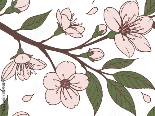 seamless repeat pattern of delicate cherry blossom branches in soft pastel tones