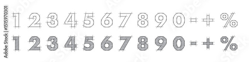 Blueprint font. Architectural typeface. Engineering sketch numbers. Technical drawing digits and symbols with construction lines and shading. Graphic vector illustration.