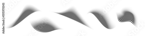 Set of abstract dotted waves. Halftone curved shapes in black color isolated on white background. Curved and twisted gradients forms. Trendy graphic vector illustration.