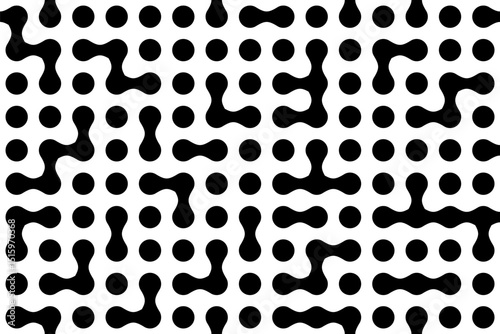Abstract black and white metaball pattern with connected organic shapes and circular dots. Seamless futuristic background for modern design. Trendy vector illustration.