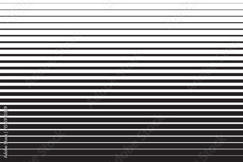 Black and white striped halftone gradient lines texture. Fading horizontal stripes gradation background from thin to thick. Halftone parallel lines pattern. Vector illustration.