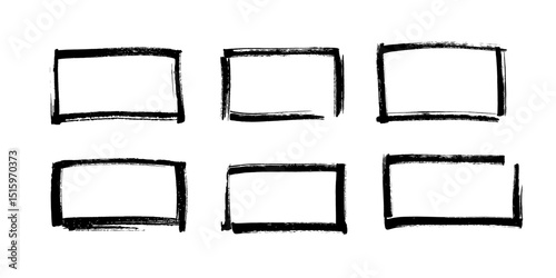Hand-drawn rectangle frames in black marker style. Grunge rectangular borders with rough brush strokes isolated on white background. Sketchy frames for notes, social media. Vector illustration.