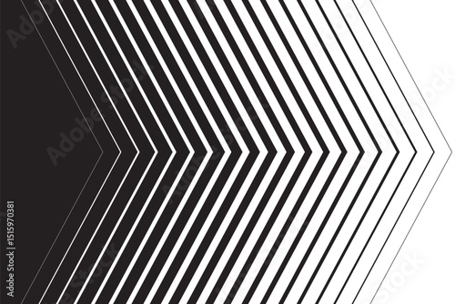 Black and white geometric pattern with repeating chevron arrow shapes. Optical illusion background with diagonal lines creating a 3D depth effect. Abstract modern vector illustration.