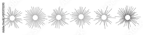 Sun icons with radial rays. Set of sunburst and starburst elements with varying line thickness and density. Retro comic or vintage engraving style rays. Abstract vector illustration.