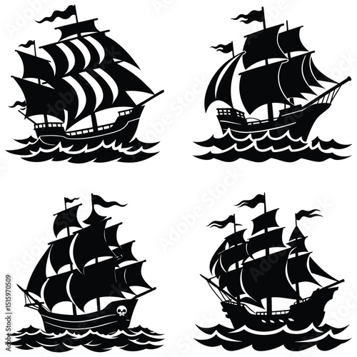 Black silhouette of four sailing ships with waves and flags
