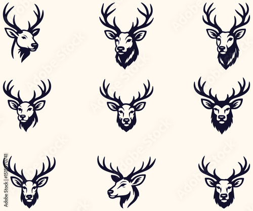collection of deer and elk head with antlers graphic design, deer elk head vector illustration 