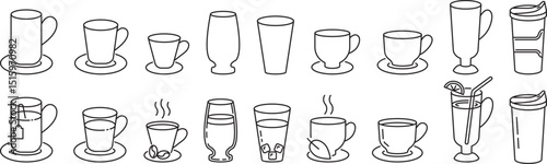 Set of linear coffee and tea cup icons. Cup line icon set. Tea, drinks, cocoa, cup, coffee. Cup sings for design. Linear icons for hot drinks. Hot beverages icons set. Editable Stroke.
