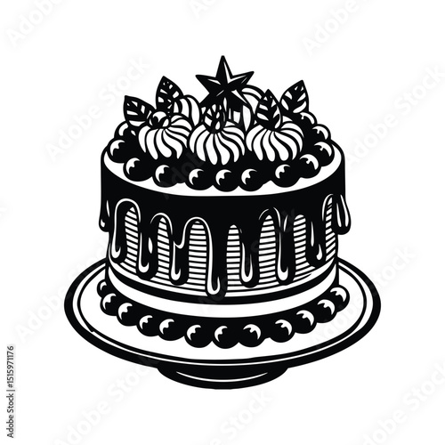 Elegant black and white layered cake decorated with icing berries and star topper