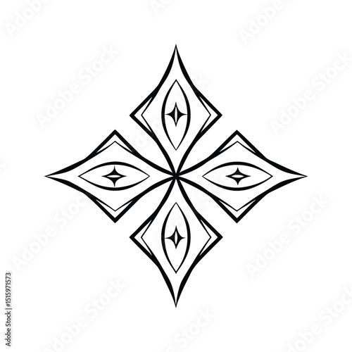 Elegant black and white ornamental design resembling a stylized geometric flower on white background