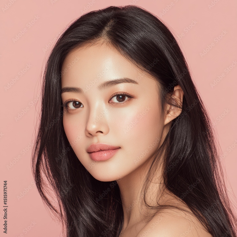 A stylish model in a glamorous fashion forward pose, with a clean pink background that highlights her beauty and elegance.