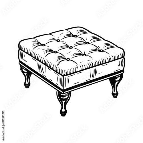 Hand drawn illustration of an elegant tufted ottoman in classic vintage style