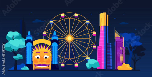 Luna park in the evening - modern colored vector illustration