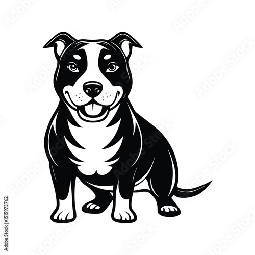 Playful black and white illustration of a happy sitting american pit bull terrier