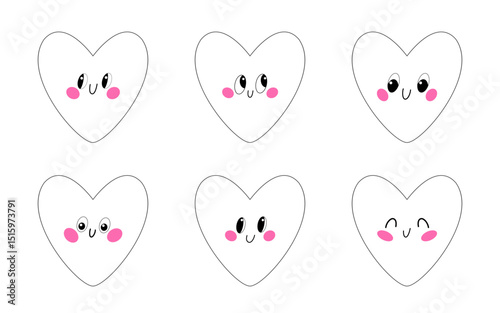 Cute cartoon heart line art with smiling faces and shiny eyes.
 Perfect for coloring pages, kids’ crafts, and cheerful vector icons.