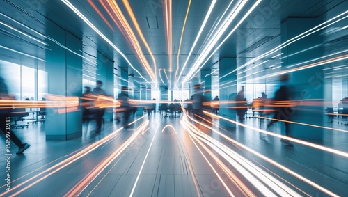 Captivating motion blur shows silhouettes of people moving in an office corridor setting.