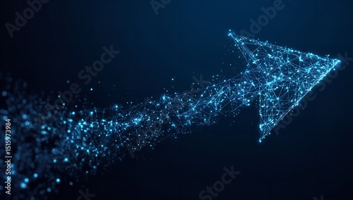 A futuristic arrow composed of shimmering lights soaring upwards symbolizing progress and innovation on a deep