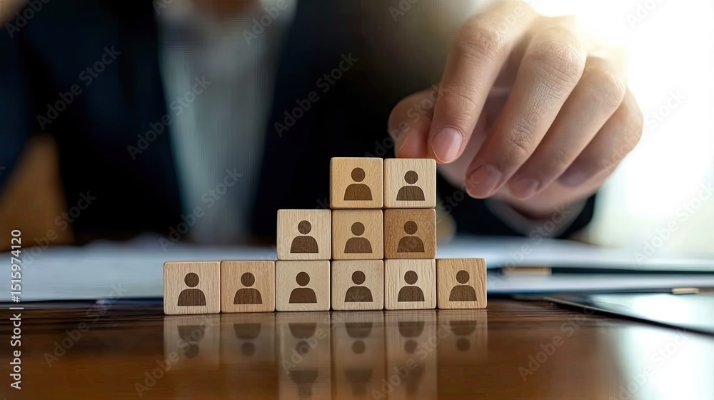 Fototapeta premium Strategic Team Building: A close-up shot of a hand strategically placing a wooden block with a silhouette, symbolizing strategic team building, leadership, and human resources.