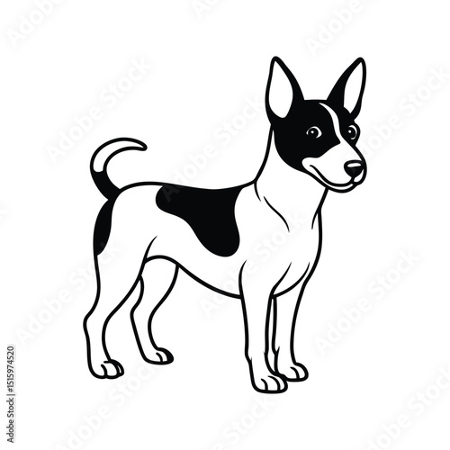 Simple black and white illustration of a spotted dog standing upright looking friendly