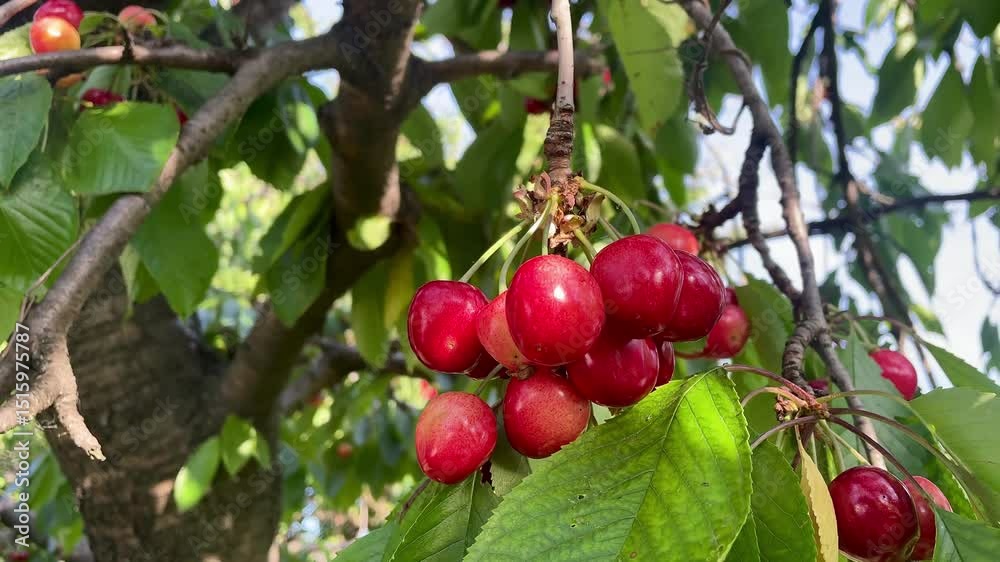 Juicy Red Cherries Ripening on a Tree Branch Under Summer Sunlight Juicy Red Cherries Ripening on a Tree Branch Under Summer Sunlight