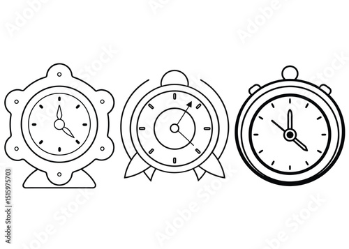 A Collection of Three Timekeeping Illustrations: A Vintage Table Clock Alarm Clock and Stopwatch in Simple Line Art