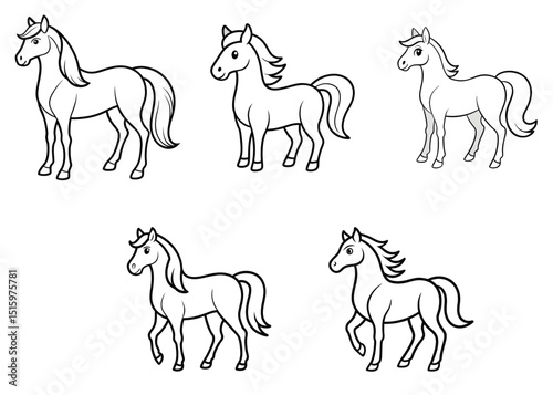 Charming Collection of Five Cartoon Horse Illustration Bundle in Black and White Outline for Coloring Page