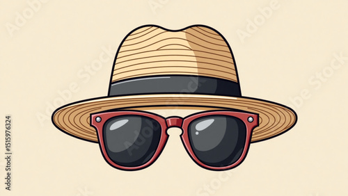 Stylish straw hat and sunglasses in a cheerful and summery design with a light background