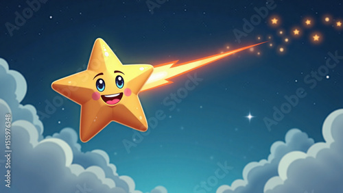 Cheerful star with a smiling face shooting across the sky with a bright trail against a night backdrop